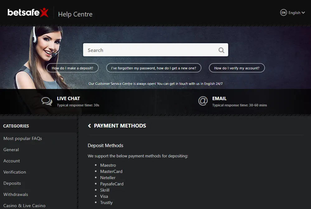 Betsafe Payment Methods Screenshot